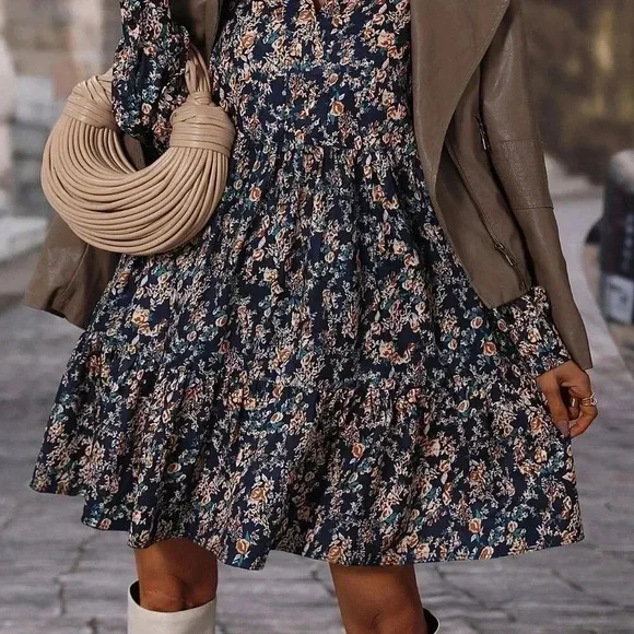 Multicolor Boho Women's Allover Floral Print Bishop Sleeve Ruffle Hem Dress - Picture 6 of 6